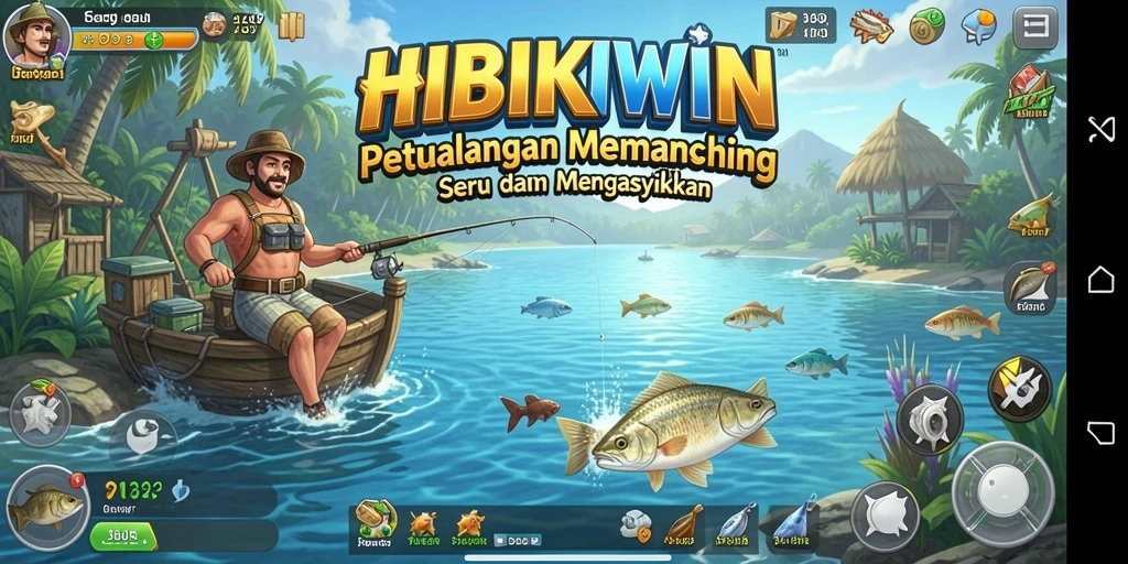 Screenshot gameplay HIBIKIWIN menampilkan aksi memancing yang seru.