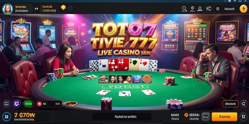 Screenshot TOTO777 menunjukkan dealer yang ramah dan suasana kasino yang hidup.